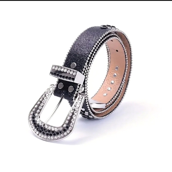 Womens Black & Silver Skull Moto Biker Western Silver Stud Rhinestone Bling Belt - Picture 5 of 11